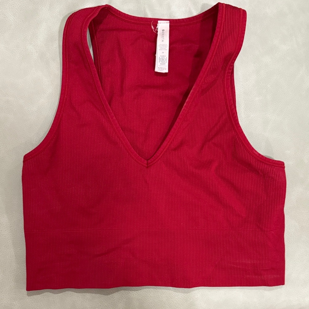 Athleta Red Ribbed V-Neck Crop Top